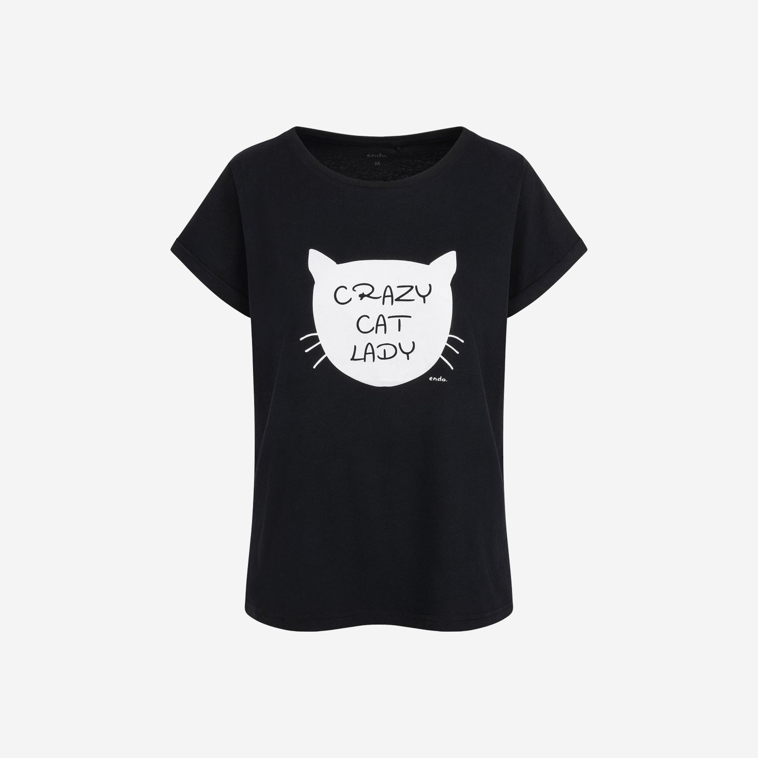 Damski t-shirt z krótkim rękawem, z motywem kota, czarny