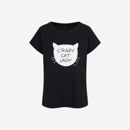 Damski t-shirt z krótkim rękawem, z motywem kota, czarny