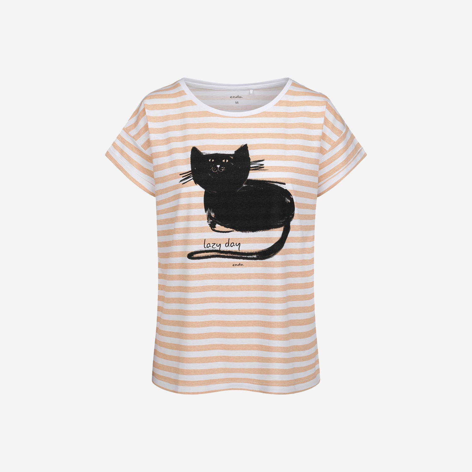 Damski t-shirt z krótkim rękawem, z kotem, w paski