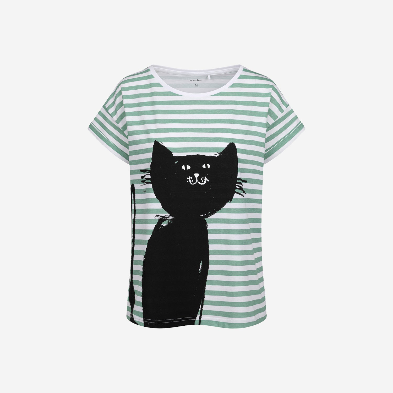 Damski t-shirt z krótkim rękawem, z kotem, w paski