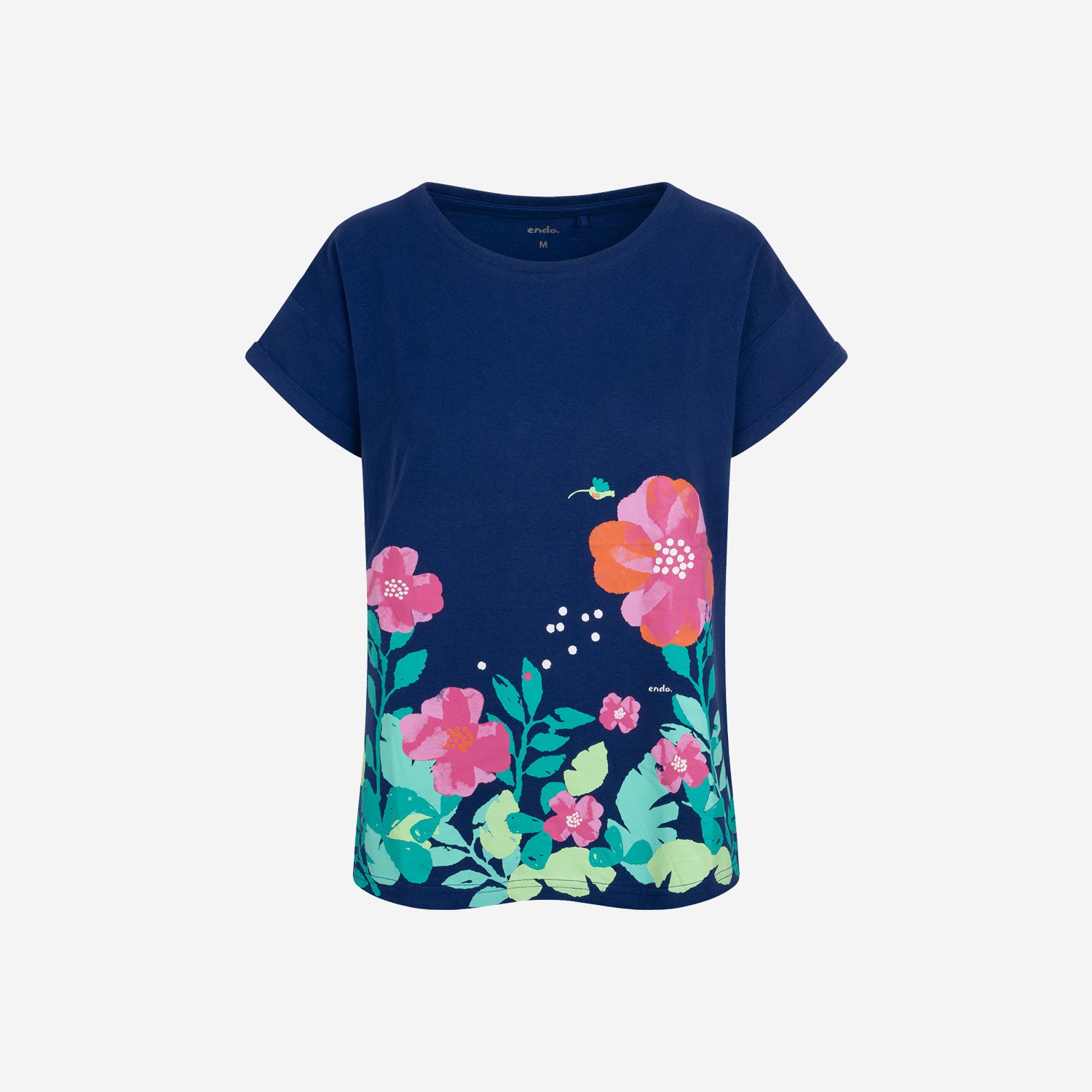 Damski t-shirt, z motywem kwiatowym, granatowy
