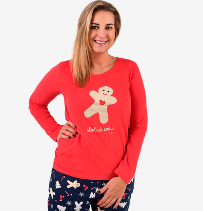 Damska piżama z długim rękawem, z ciachem, czerwona