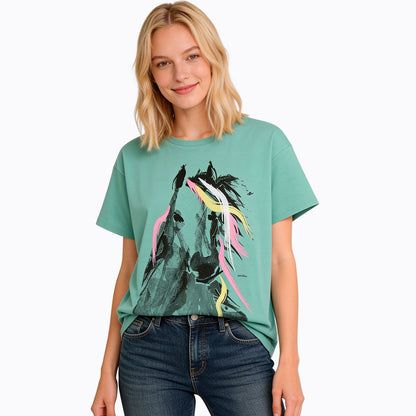 Damski t-shirt z krótkim rękawem, z koniem, Morski zielony