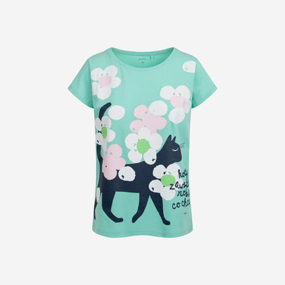 Damski t-shirt z krótkim rękawem, z kotem, zielony