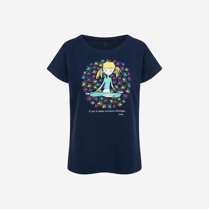 Damski t-shirt z krótkim rękawem, z napisem "W życiu mi pomaga wewnętrzna równowaga", granatowy