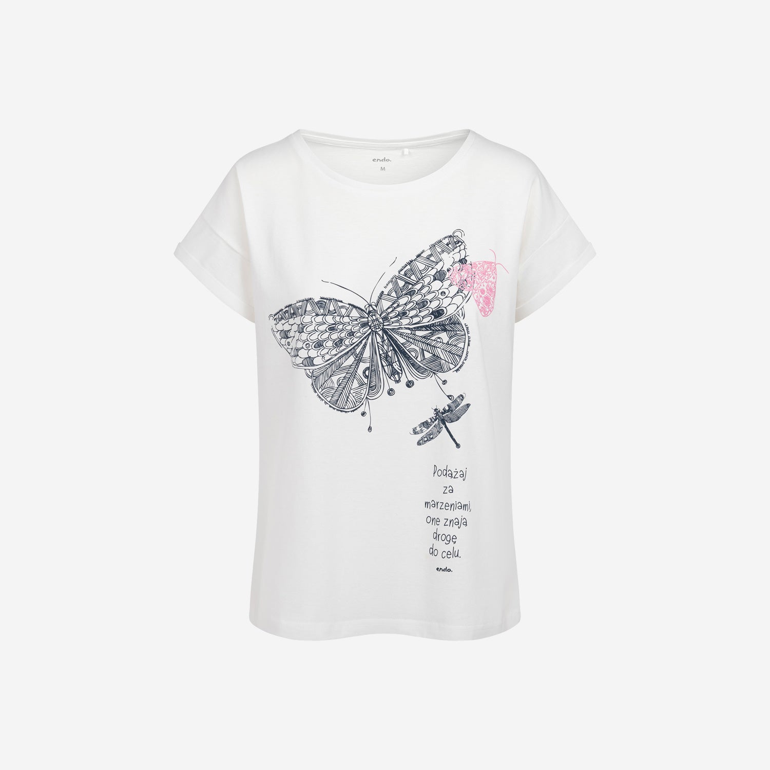 Damski t-shirt z krótkim rękawem, z motylem, biały