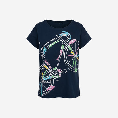 Damski t-shirt z krótkim rękawem, z motywem rowerowym, granatowy