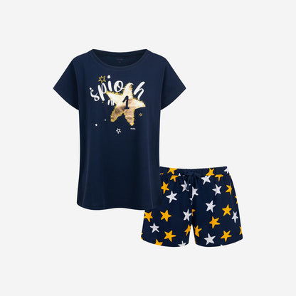Women's short-sleeved pajama with the inscription "SLEEPY 1", navy blue
