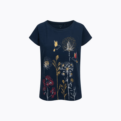 Damski t-shirt z krótkim rękawem, z motywem kwiatowym, granatowy