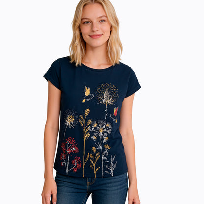 Damski t-shirt z krótkim rękawem, z motywem kwiatowym, granatowy