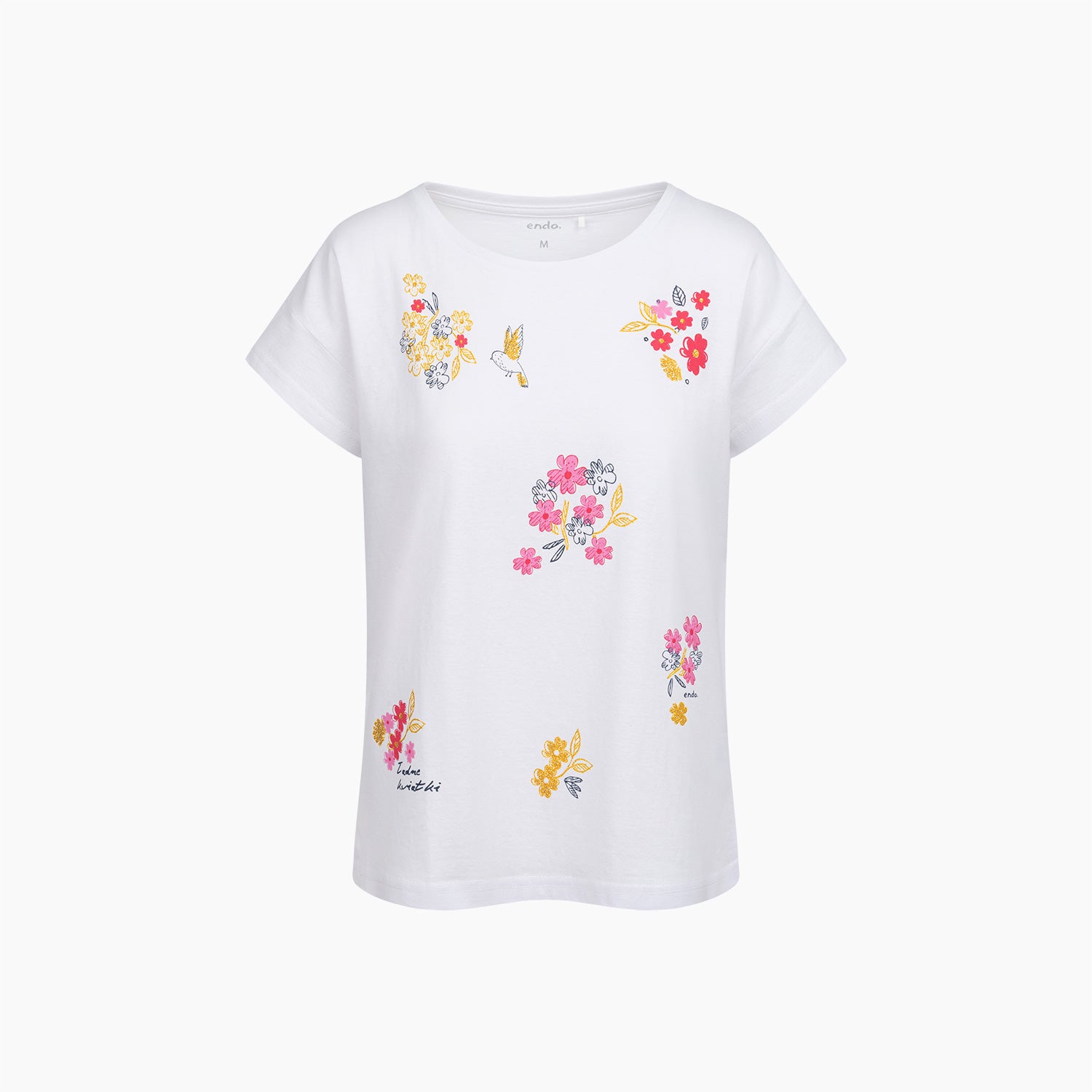 Damski t-shirt z krótkim rękawem, z kwiatkami, biały