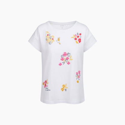 Damski t-shirt z krótkim rękawem, z kwiatkami, biały