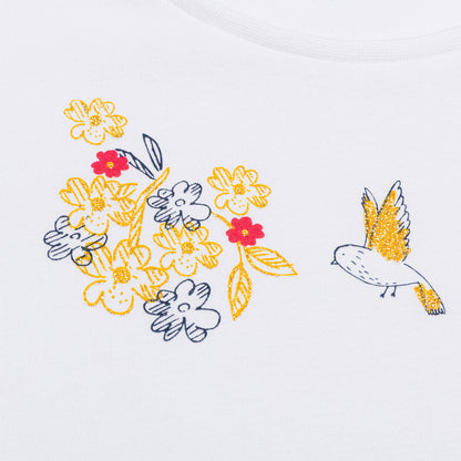 Damski t-shirt z krótkim rękawem, z kwiatkami, biały