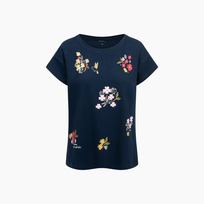 Damski t-shirt z krótkim rękawem, z kwiatkami, granatowy