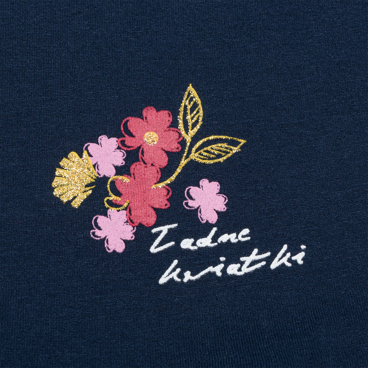 Damski t-shirt z krótkim rękawem, z kwiatkami, granatowy