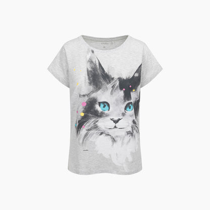 Damski t-shirt z krótkim rękawem, z kotem, szary