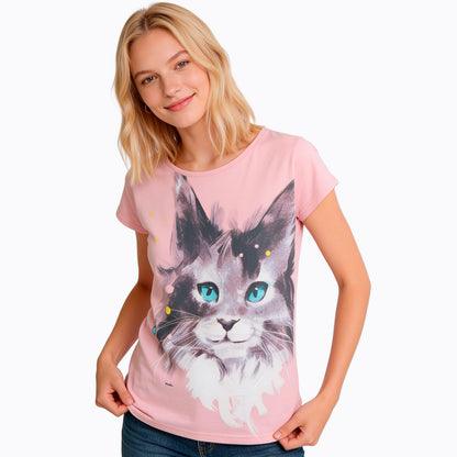 Damski t-shirt z krótkim rękawem, z kotem, różowy
