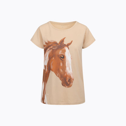 Damski T-shirt beżowy z koniem