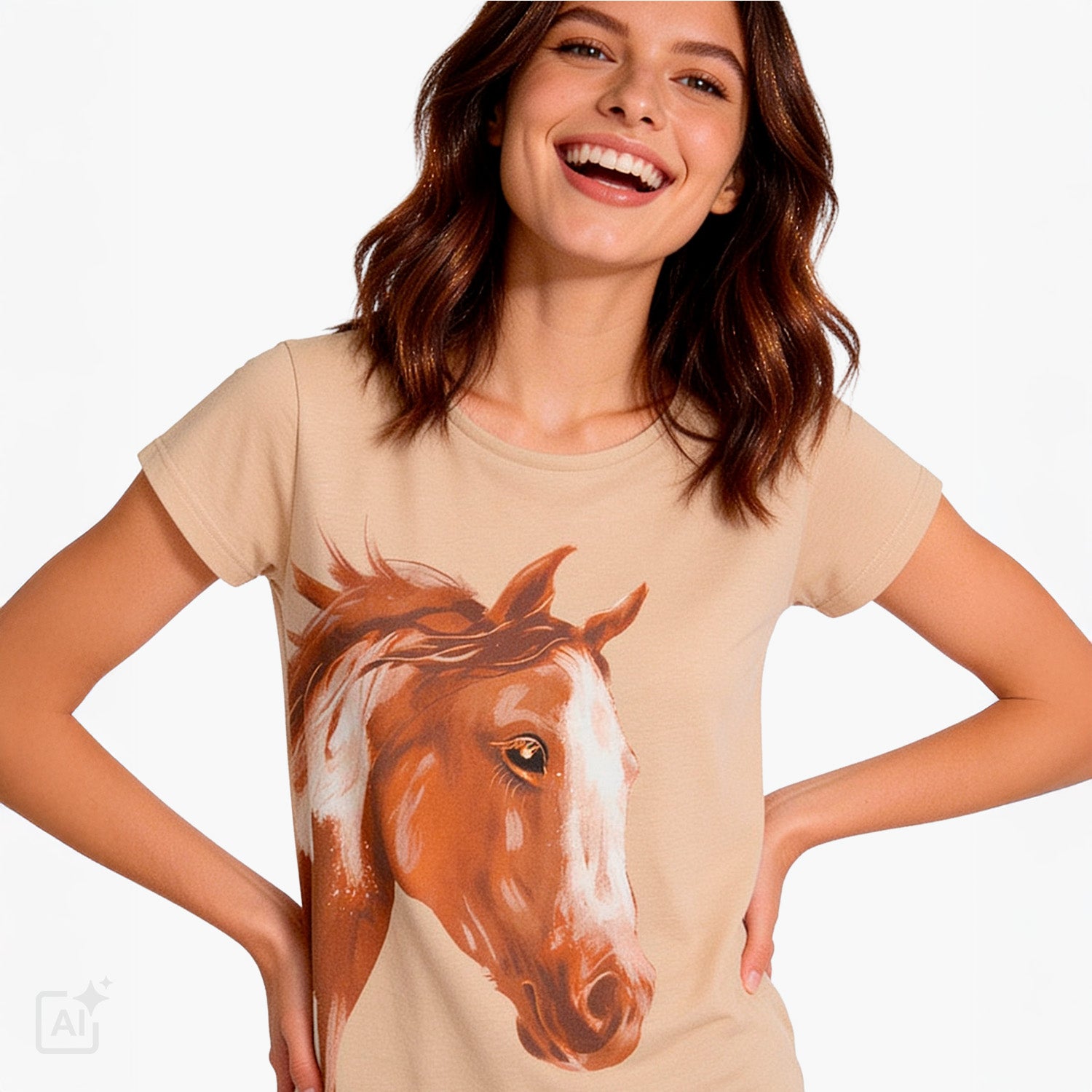 Damski T-shirt beżowy z koniem