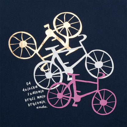 Damski T-shirt z krótkim rękawem granatowy z motywem rowerowym