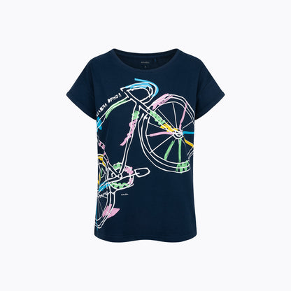 Damski t-shirt z krótkim rękawem, z rowerem, granatowy