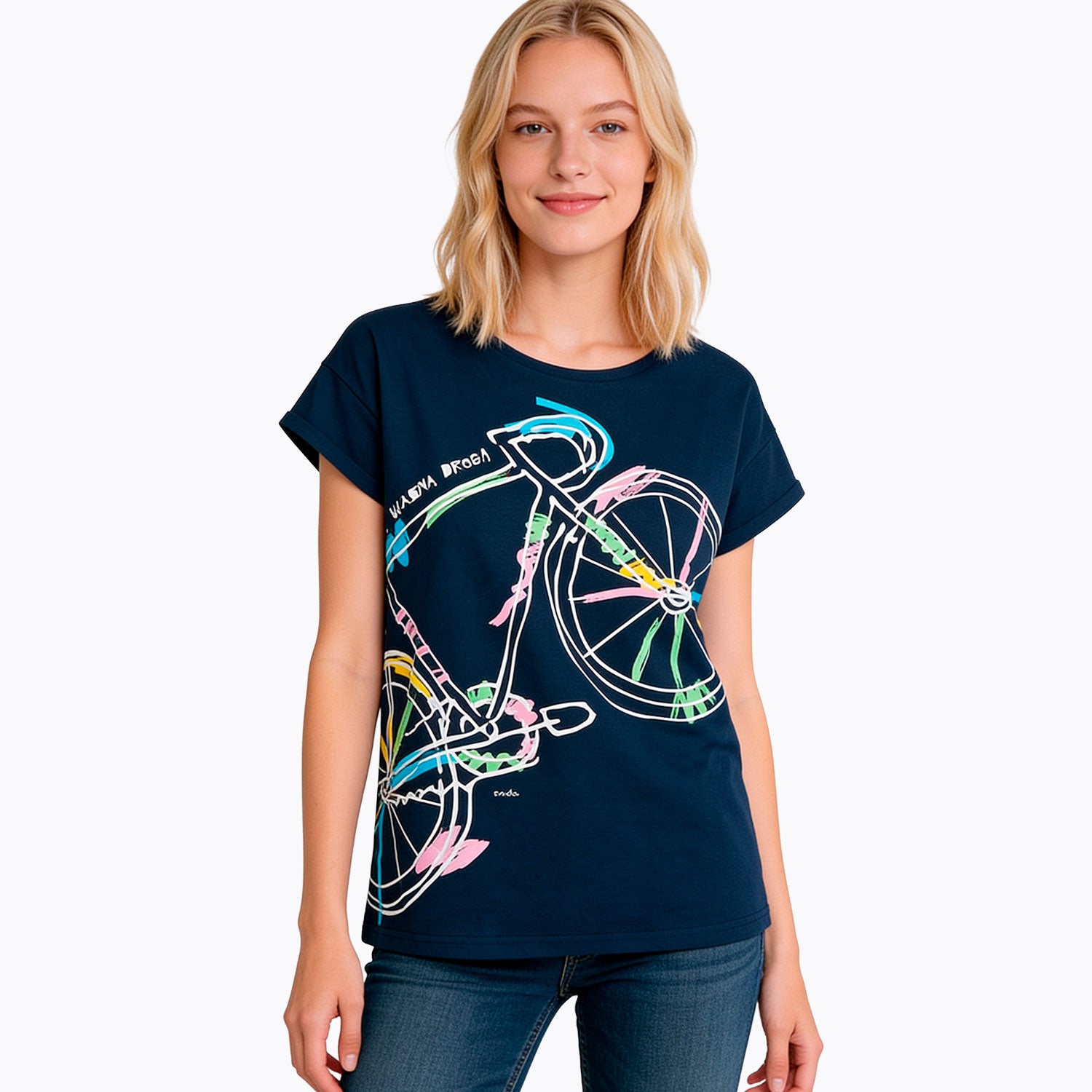Damski t-shirt z krótkim rękawem, z rowerem, granatowy