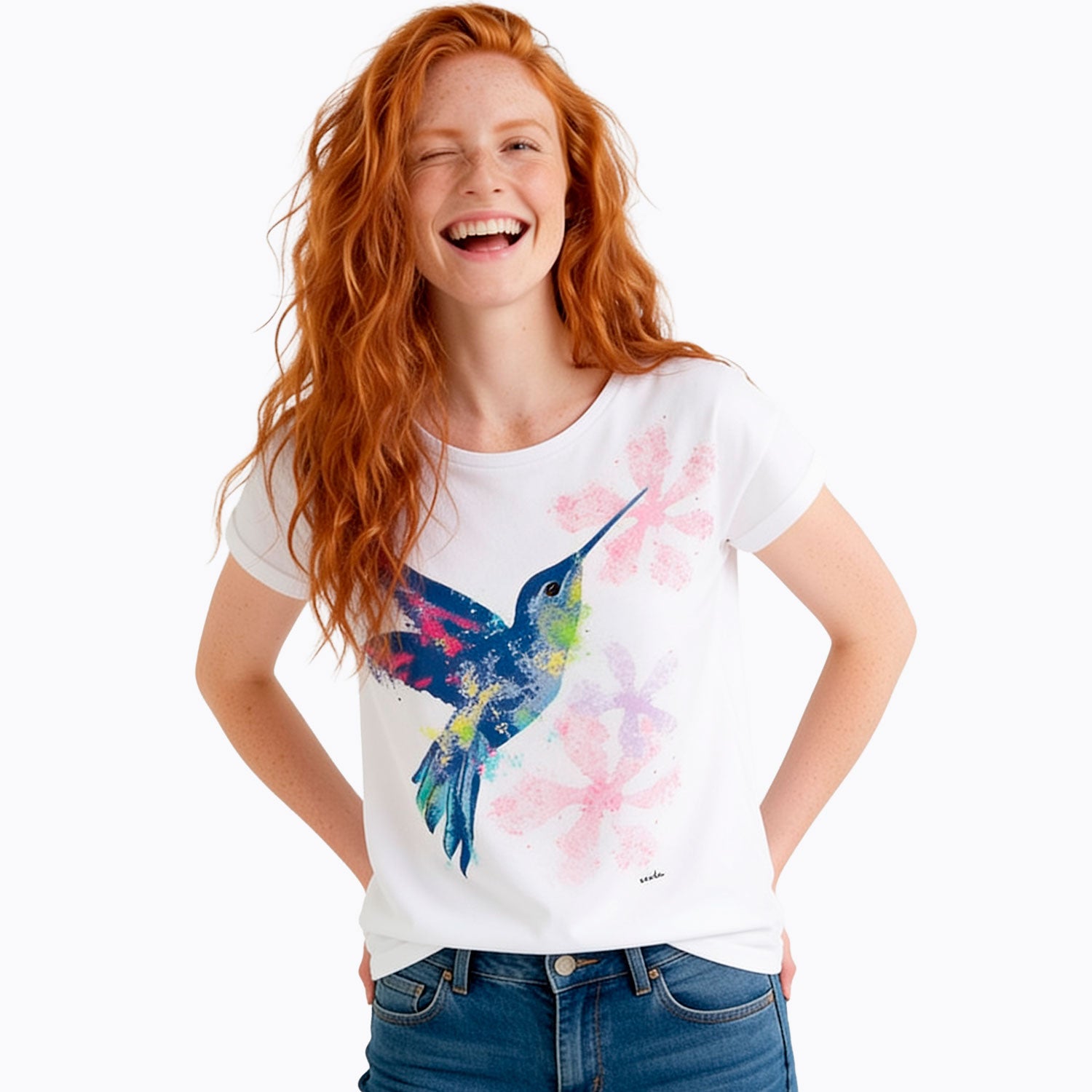 Damski T-shirt z krótkim rękawem biały z kolibrem