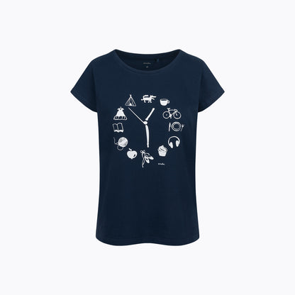 Damski t-shirt z krótkim rękawem, z zegarem, granatowy