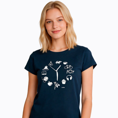 Damski t-shirt z krótkim rękawem, z zegarem, granatowy