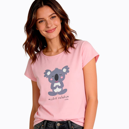 Damski t-shirt z krótkim rękawem, z koalą, różowy