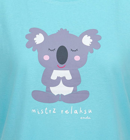 Damski t-shirt z krótkim rękawem, z motywem yogi koala, niebieski