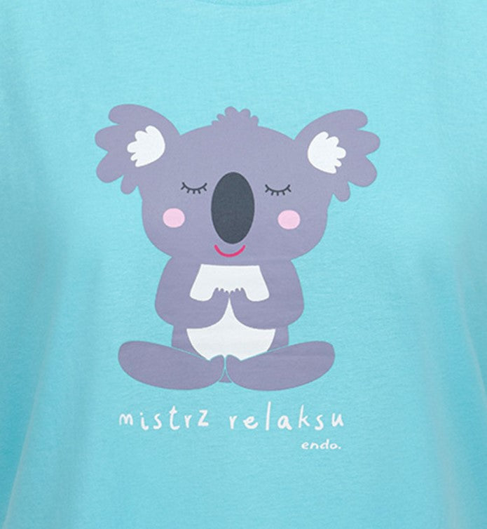 Damski t-shirt z krótkim rękawem, z motywem yogi koala, niebieski