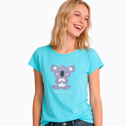 Damski t-shirt z krótkim rękawem, z motywem yogi koala, niebieski
