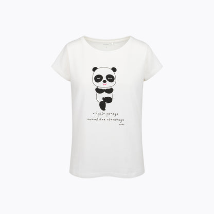 Damski t-shirt z krótkim rękawem, z pandą, kremowy