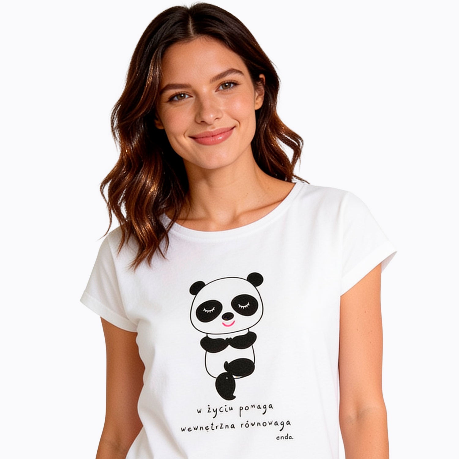 Damski t-shirt z krótkim rękawem, z pandą, kremowy