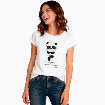 Damski t-shirt z krótkim rękawem, z pandą, kremowy