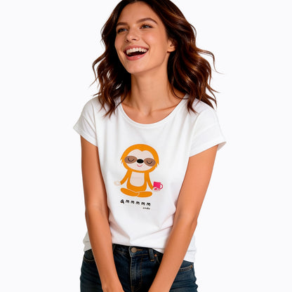 Damski t-shirt z krótkim rękawem, z motywem yogi, biały