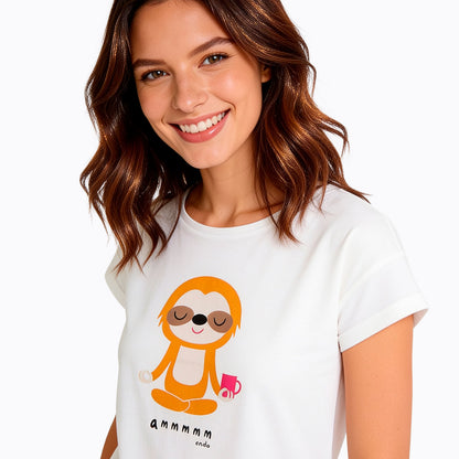 Damski t-shirt z krótkim rękawem, z motywem yogi, biały