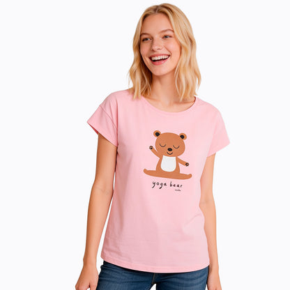 Damski t-shirt z krótkim rękawem, z misiem, różowy