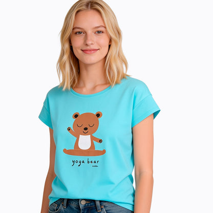 Damski t-shirt z krótkim rękawem, z motywem yogi, niebieski