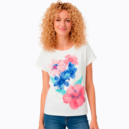 Damski t-shirt z krótkim rękawem, z motywem kwiatowym, jasnoróżowy