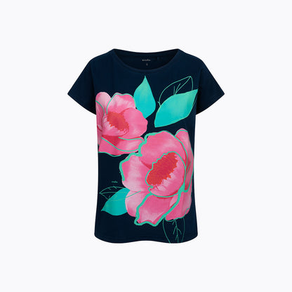 Damski t-shirt z krótkim rękawem, z motywem kwiatowym, granatowy
