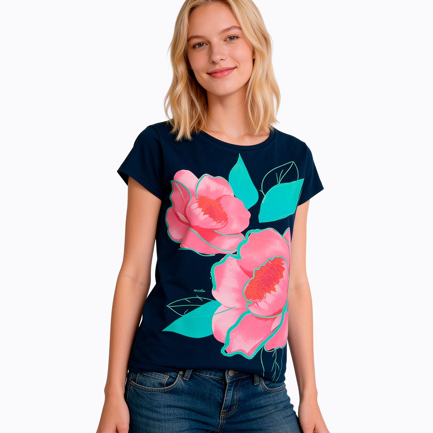 Damski t-shirt z krótkim rękawem, z motywem kwiatowym, granatowy