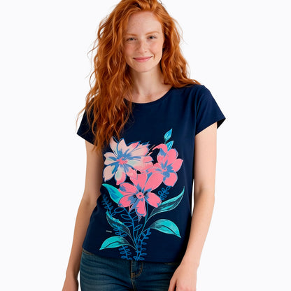 Damski t-shirt z krótkim rękawem, z motywem kwiatowym, granatowy