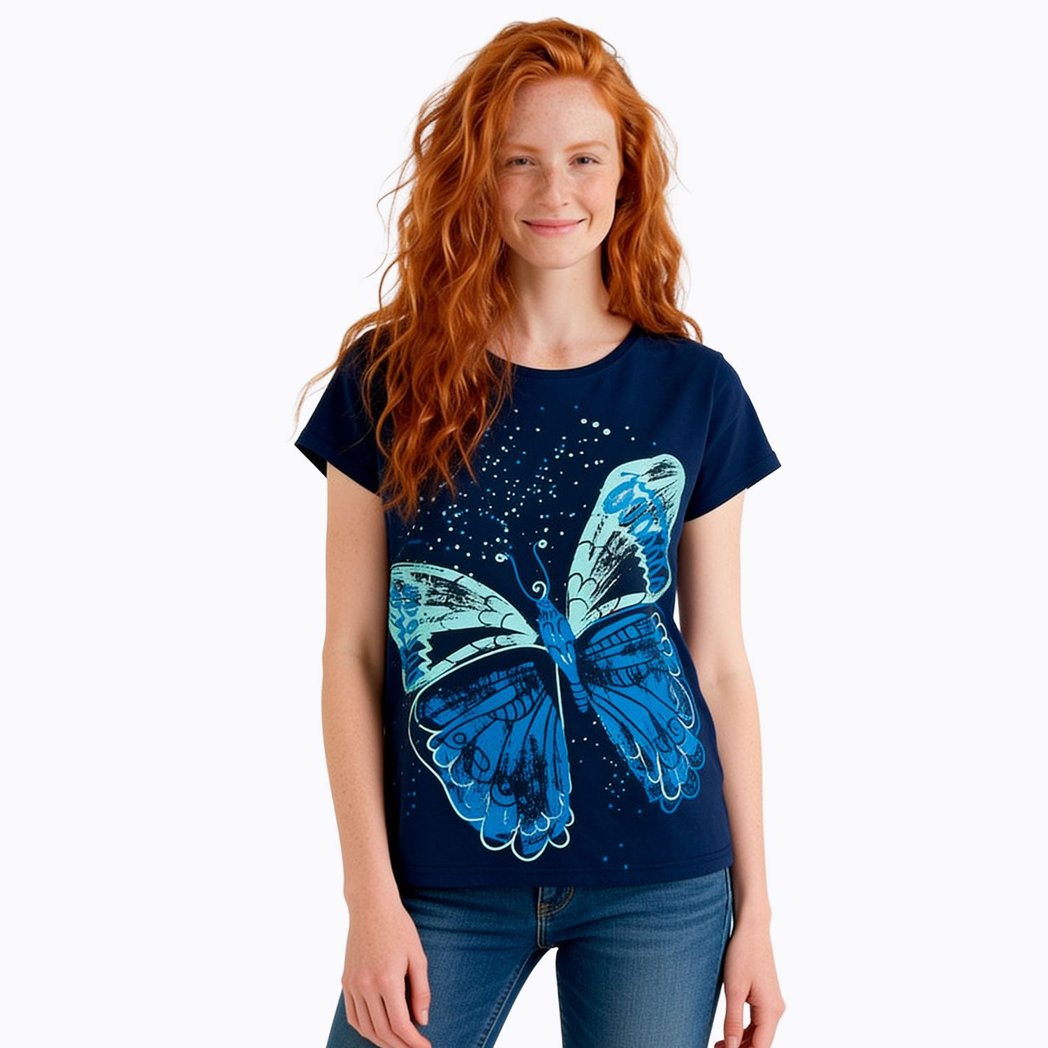 Damski T-shirt granatowy "niebieski motyl"