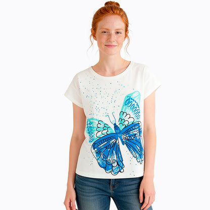 Damski t-shirt z krótkim rękawem, biały z motylem