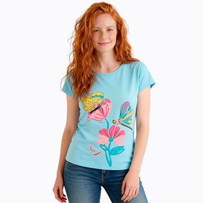 Damski t-shirt z krótkim rękawem, z motywem kwiatowym, niebieski