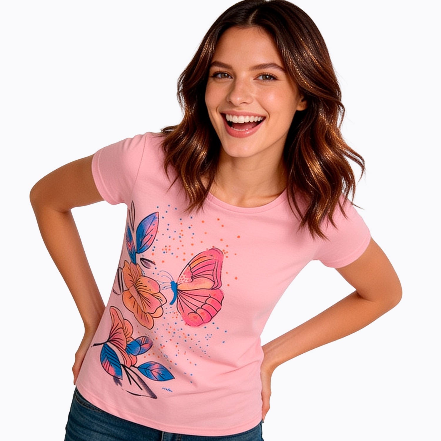 Damski t-shirt z krótkim rękawem, z motylem i kwiatami, różowy