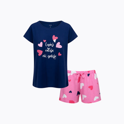 Damska piżama z krótkim rękawem, z sercami, granatowa