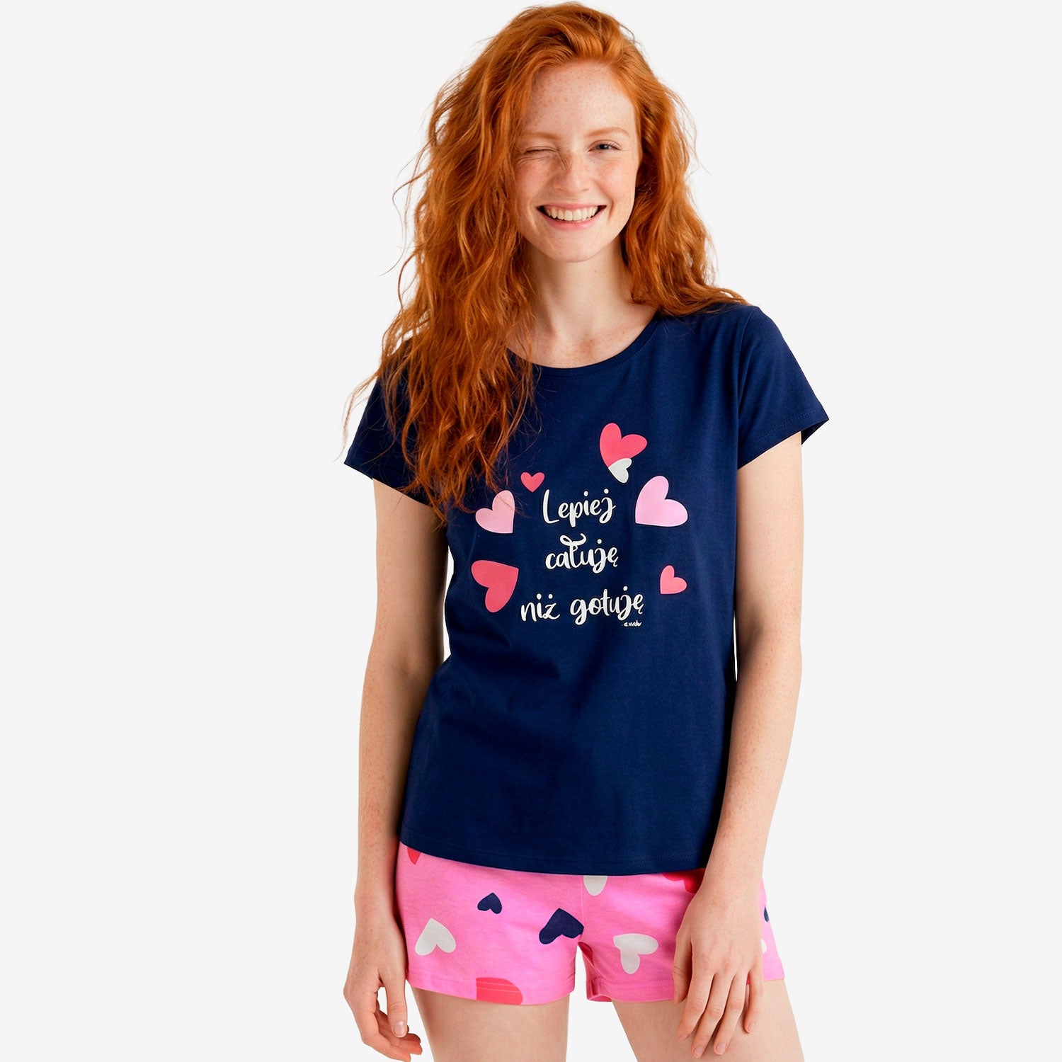 Damska piżama z krótkim rękawem, z sercami, granatowa